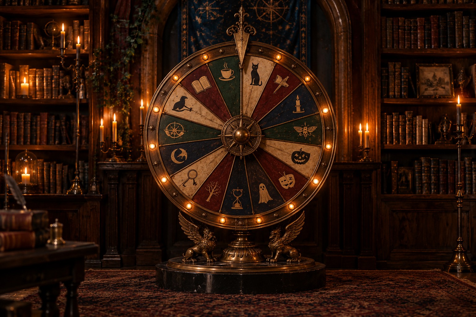 An ornate antique brass wheel with jewel-toned segments and illuminated bulbs in a candlelit library.