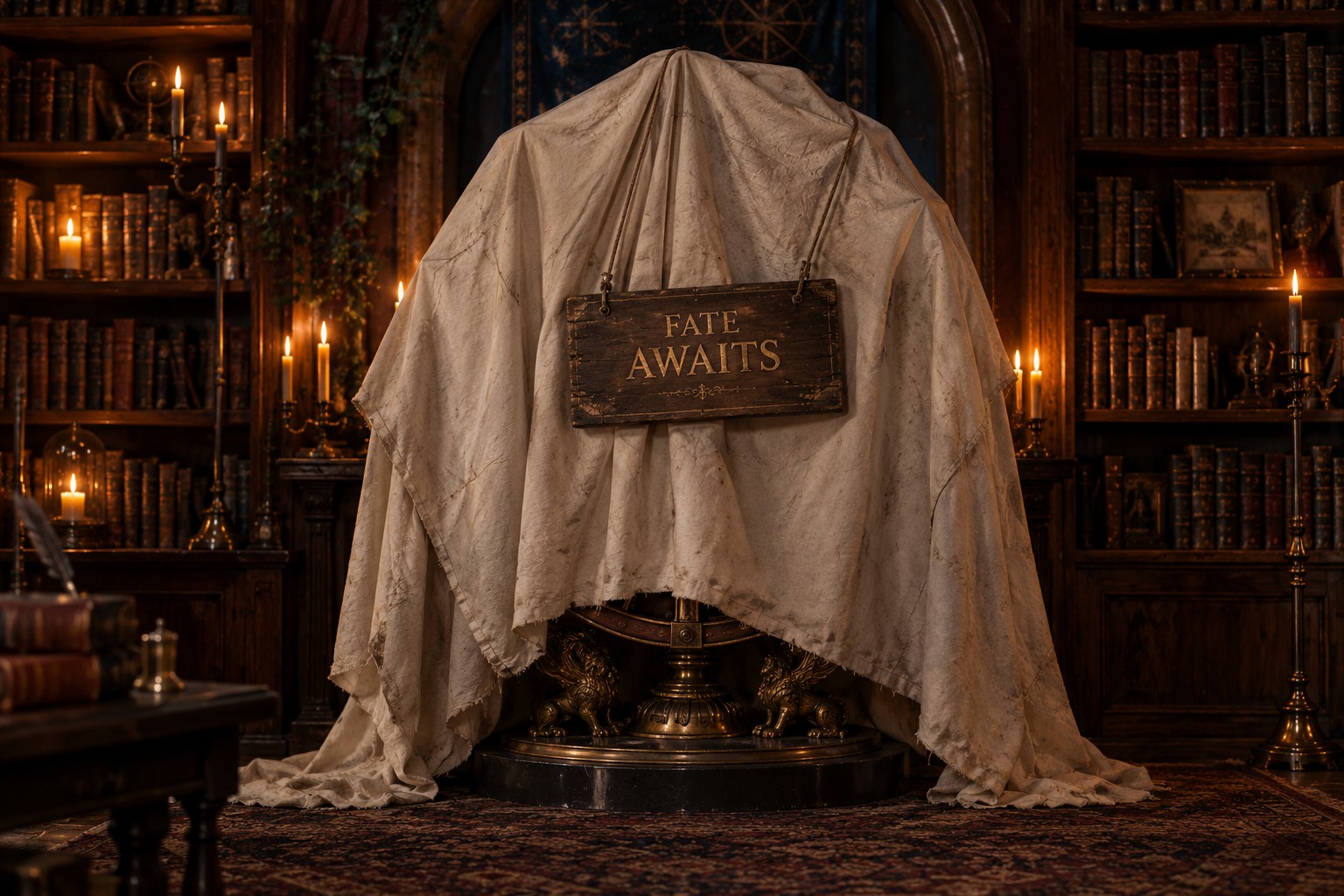The wheel concealed beneath aged ivory canvas with a hanging Fate Awaits sign.